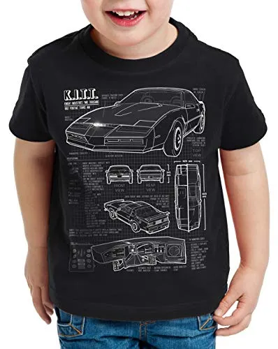 style3 K.I.T.T. Kinder T-Shirt Blaupause Michael Knight 2000 Black Rider, Farbe:Schwarz, Größe:116