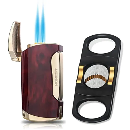 PROMISE Fackel Feuerzeug Zigarren Double Jet Flame Feuerzeug mit Cigar Punch (Brown Grain-D)