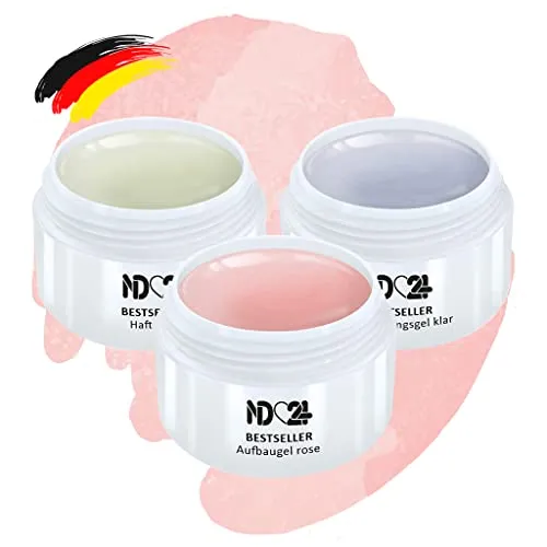 ND 24 Naildesign® Aufbaugel für Gelnägel (3 x 5ml) inkl. Haftgel und Versiegelungsgel - geeignet für UV, Nail Gel made in Germany - 3er Set Gel Builder - professionelles Nagel Aufbaugel in 3 Phasen