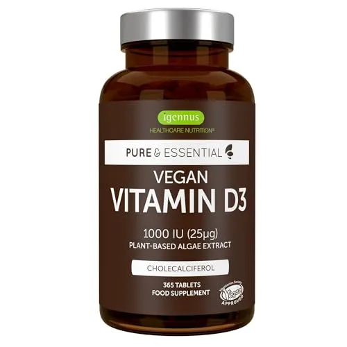 Vitamin D3 1000 IE vegan, 1 Jahresvorrat, Cholecalciferol, 100% pflanzlich aus Algenextract, 365 Tabletten, von Igennus