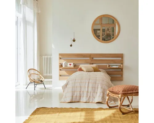 Tikamoon Massivholzbett Urbain Kinder-Kopfteil aus massivem Teak mit 2 Ablagen 180 cm