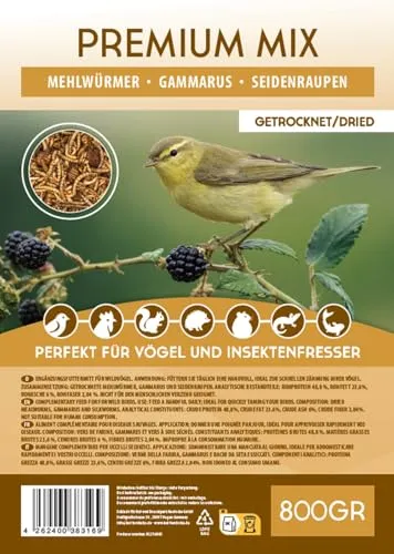 Top Insektenmischung, 5 Liter Eimer ≈ 800g, Vogelfutter,Igelfutter, Rennmausfutter, Hamsterfutter, Rattenfutter, Eidechsenfutter - Mehlwürmer, Gammarus, Seidenraupen