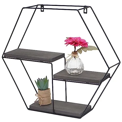 Mendler Wandregal HWC-K76, Hängeregal Schweberegal Regal, 3 Regalböden Metall Massiv-Holz Industrial 43x49x11cm - dunkelgrau