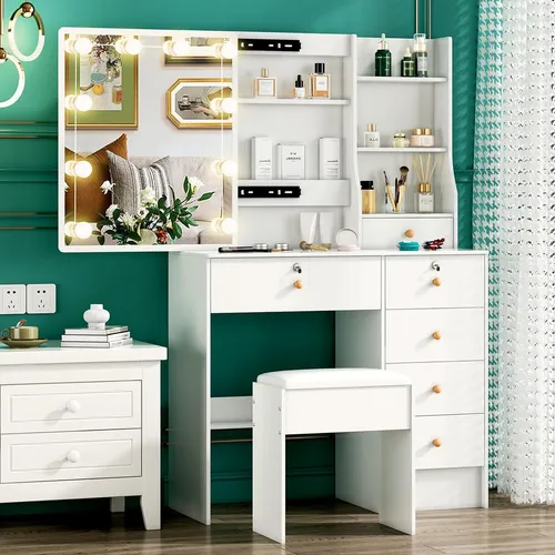 Kosmetiktisch mit LED-Beleuchtung, Schiebespiegel, 6 Schubladen