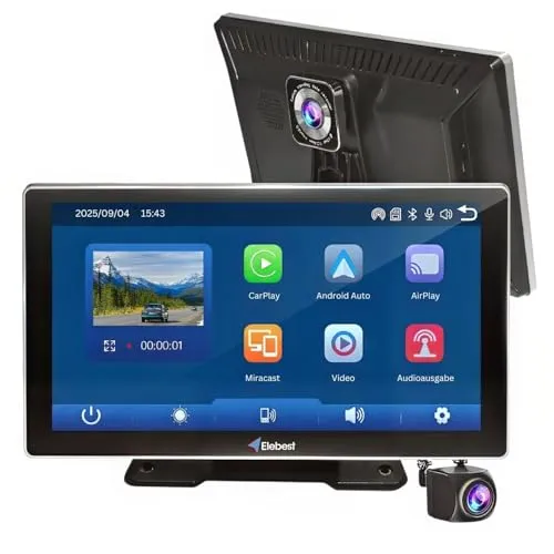 Elebest CarPlay 1090 – Kabelloses 9 Zoll Navigationssystem mit Android-Auto, Front- & Rückfahrkamera, HD-Display, GPS, Touchscreen, Dashcam, Bluetooth & Sprachsteuerung – Universell für Auto
