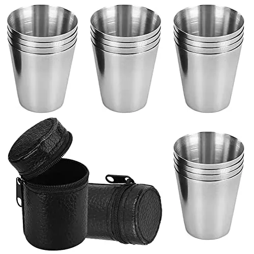 CHJIEJIE 12 Stück Edelstahlbecher,Klein Edelstahl Becher Tragbar Metallbecher Stapelbare Trinkbecher Edelstahlbecher mit 3 Lederetui mit Reißverschluss für Camping,Picknick,Wandern(30ml)