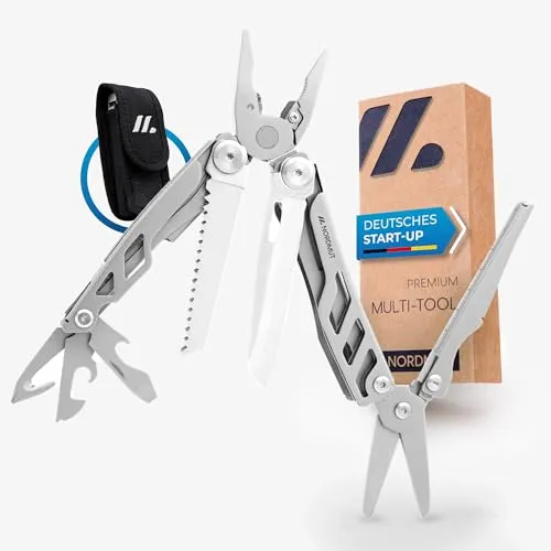 NORDMUT® Multitool Werkzeug [16 in 1] Edelstahl Taschenmesser mit 16 praktischen Werkzeugen | Outdoor Messer Multifunktionstool faltbar mit Zange, Schere, Messer und Säge für Outdoor und Camping