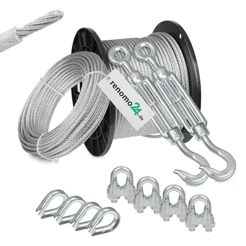 Renomo24 Drahtseil Set 4 - Stahlseil 20m 3mm 6x7 verzinkt und ummantelt, 2x Spannschloss Haken/Öse, 4x Bügelklemmen, 4x Kauschen