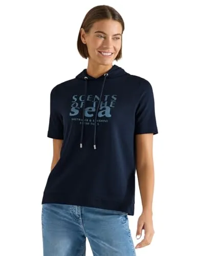 Damen Kurzarm Shirt mit Kapuze und Wording - Stylisches Hoodie Shirt mit Kapuze und Tunnelzug, ideal für den Alltag. Aus softem Baumwoll-Modalmix mit Stretch für hohen Tragekomfort. Perfekt für lässige Looks und entspannte Tage.