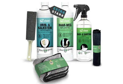 bio-chem Badreiniger Set 6-teilig - Spezialreiniger für hygienische Sauberkeit - Reinigungsmittel mit 3 Spezialreinigern und Zubehör für strahlenden Glanz. Beseitigt mühelos Kalk, Urinstein und Gerüche, 100% Made in DE.