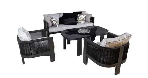 Sitzgruppe Gartenmöbel Set 4tlg in Schwarz - Moderne Sitzgruppe für den Außenbereich, bestehend aus 3-Sitzer Sofa, 2 Sesseln und Couchtisch. UV-geschützt und wasserresistent – ideal für entspannte Stunden auf der Terrasse.