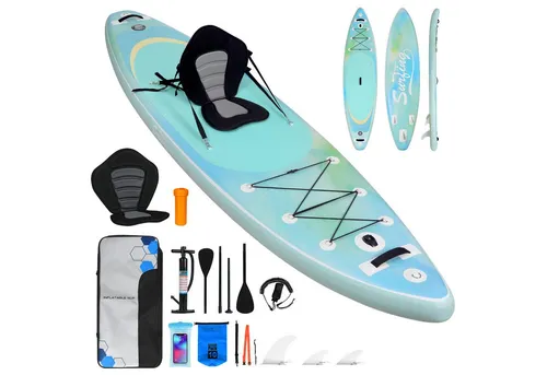 Puluomis Aufblasbares SUP-Board Set mit Halter, Sitz und Fußband - Ideal für Wassersportliebhaber: Aufblasbares SUP-Board mit 3 Finnen, Doppelpaddel und praktischem Rucksack. Maximale Tragfähigkeit von 150 kg, perfekt für entspannte Paddeltouren.