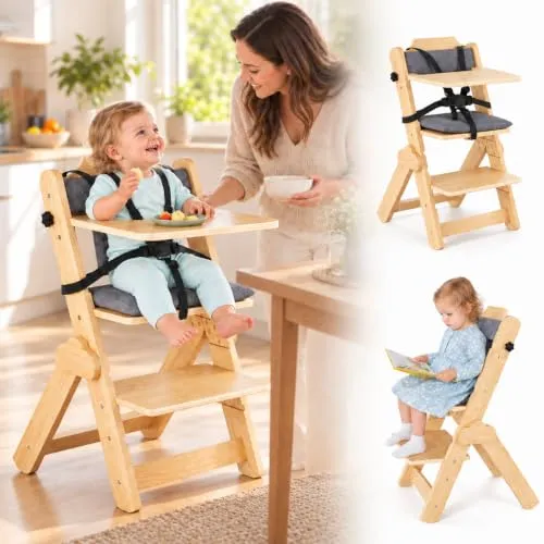 Mechprip Kinderhochstuhl Set Mitwachsendes, 2 in1 Hochstuhl Baby Aus Buchenmassivholz, Treppenhochstuhl mit Rückenkissen, Sitzkissen und Verstellbarem 5-Punkt-Gurt, High Chair Baby ab 6 Monaten