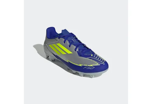 adidas F50 Club Fußballschuhe FG/MG - Unisex, Silver met./solar Yellow - Leichte und vielseitige Fußballschuhe für verschiedene Böden, mit regulärer Passform und schnürbarem Design für optimalen Halt.
