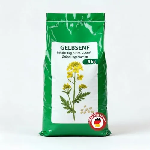 Gelbsenf, Inhalt: 5kg für ca. 1000m², schnellwüchsig, starke Bodendurchwurzelung, Nahrungsquelle für Nützlinge (Bienen & Falter), Bodenkur & Gründünger, Premium Saatgut