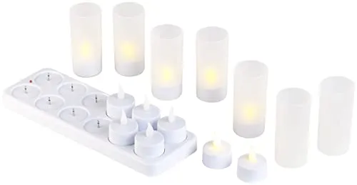 Lunartec Led Teelicht Aufladbar: 12er-Set Akku-LED-Teelichter mit Kunststoff-Dekogläsern & Ladestation (Wiederaufladbar, Accu, Stimmungslicht)