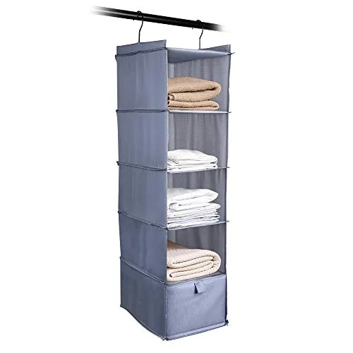 Liesun Hängeregal aus Stoff, 5 Fächer & 1 Schublade, Grau | Hängeregal,Hängeorganizer,Für Garderobe & Kleiderschrank,Staufach für Schuhe,Accessoires,Spielzeug,Einfach überziehbar
