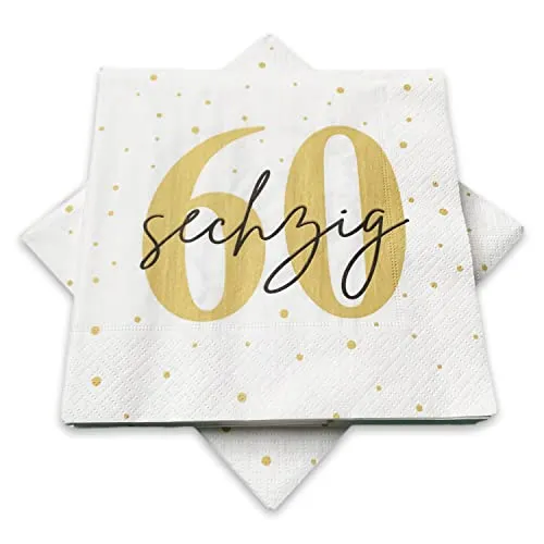 in due 20 Servietten zum 60. Geburtstag 33x33 cm - Weiß, Gold, Schwarz