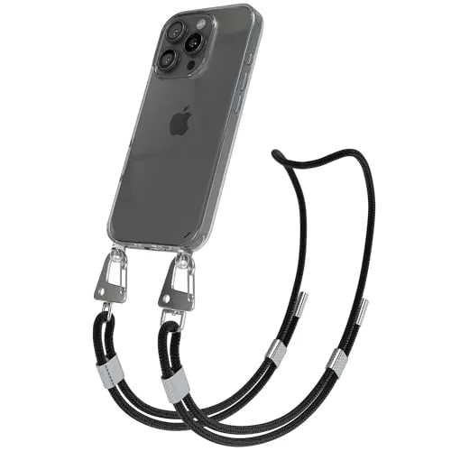 EAZY CASE - Handykette mit Karabiner kompatibel mit iPhone 16 Pro - Hülle Silikonhülle Fallschutz transparente Handyhülle Kette zum Umhängen Schutzhülle in Schwarz - Clips Silber