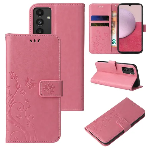 Handy Tasche für Samsung Galaxy A14 & A14 5G Handyhülle Blumen Buch Cover Rosa