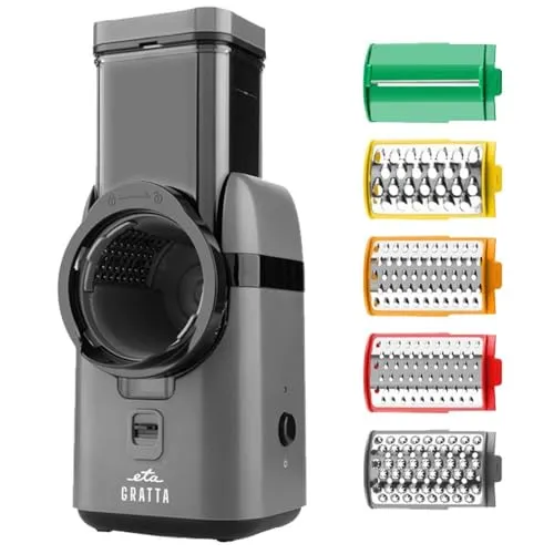 eta Zerkleinerer Gratta, 70 W - Elektrische Raspel für die Küche - Reiben & Küchenreiben - Leistungsstarker 70 W DC-Motor für effizientes Zerkleinern, inklusive 5 austauschbarer Aufsätze und praktischer Aufbewahrungsbox.