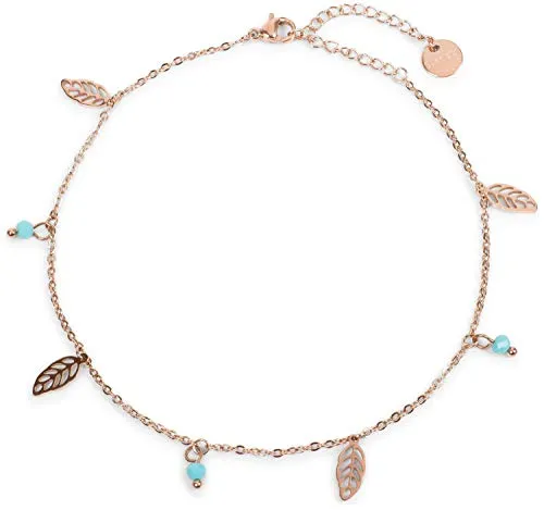 styleBREAKER Damen Fußkettchen mit Blatt Anhängern und Perlen, Ankerkette, Karabinerverschluss, Kette, Schmuck 05080007, Farbe:Rosegold-Türkis