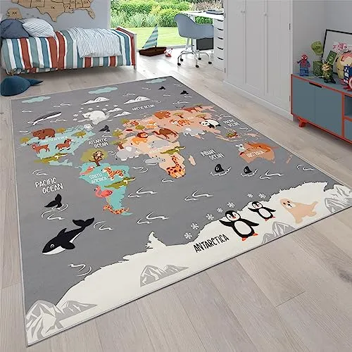 Paco Home Kinderteppich Bino 581 - Rechteckig mit Weltkarte & Tieren - Flachgewebe-Teppich für das Kinderzimmer, robust und pflegeleicht, ideal für stundenlangen Spielspaß und Entdeckungsreisen.