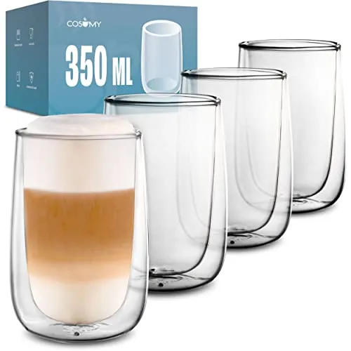 Cosumy 4er Set Latte Macchiato Gläser Doppelwandig 350ml - Hält Getränke länger warm/kalt - Hitzeresistent & Spülmaschinenfest - Ideales Geschenkset