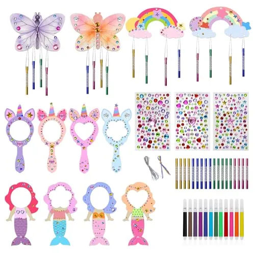lompyeu 47 Stück Einhornn Bastelset, Bastelset Kinder mit Mini Holz Prinzessin Spiege, Schmetterling Regenbogen Geburtstag DIY Handwerk Deko Geschenk Mädchen 4 5 6 7 8 Jahre
