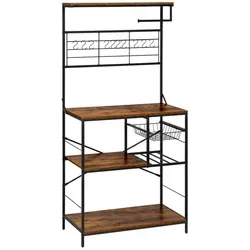 WOLTU 4-stufiges Küchenregal, Mikrowellenregal mit 10 Haken, Ausziehkorb, Küchenrollenhalter, Metallrahmen, 80x40x168cm, Rustikal Braun+Schwarz