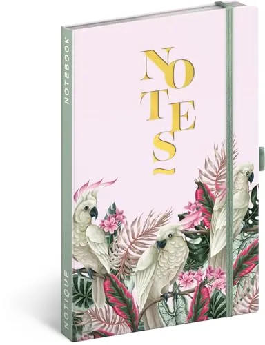 NOTIQUE Notizbuch Liniert mit Gummiband 13x21cm ca. A5, Designer Hardcover Notebook, Notizblock, Notizheft, Journal, Tagebuch für Erwachsene, Damen (Kakadu)