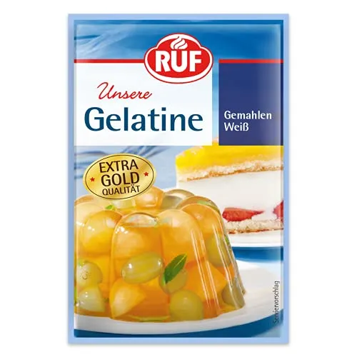 RUF Gelatine weiß gemahlen, Speisegelatine zum Gelieren, Verdicken, Stabilisieren und Emulgieren, einfache Verwendung ohne Klumpen, glutenfrei, 3x9g