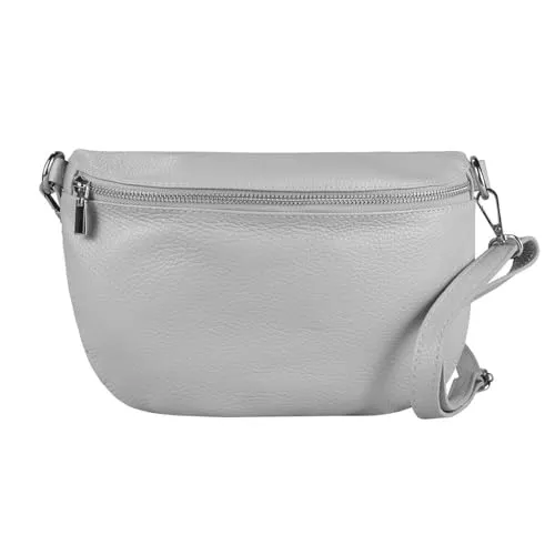 ITALYSHOP24-COM OBC Made in Italy Damen Leder Tasche Gürteltasche Crossbody Hüfttasche Bauchtasche Umhängetasche Cross-Over Bodybag Schultertasche Handytasche (Hellgrau)
