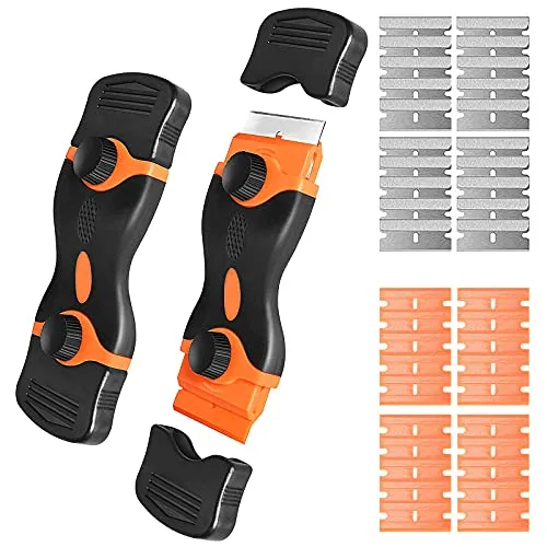 Glasschaber-Set, doppelseitige Kunststoffklinge, Schaber mit 40 Ersatzklingen zum Entfernen von Etiketten, Aufklebern, Unterböden, Farben von Glas, Herd, Aufkleber (doppelseitig)