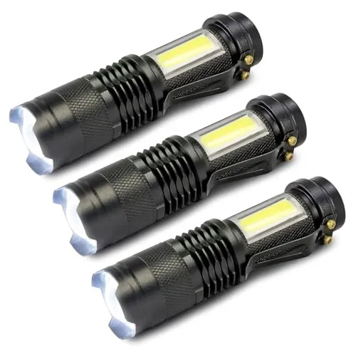 Eaxus Mini LED-Taschenlampe Glow-Max, mit 2 Lichtquellen, XPE mit Zoom und COB-Seitenlicht, 3 Lichtmodi, wiederaufladbarer Akku, USB-Arbeitsleuchte, schwarz, 3er Set