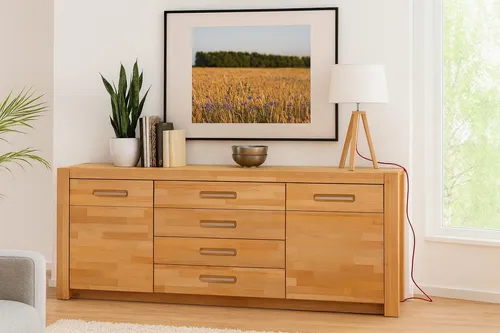 Elegantes Sideboard aus geölter Kernbuche mit Schubladen - Stilvolles Sideboard aus massiver Kernbuche (163x78x40 cm) mit vier leisen Schubladen und zwei Einlegeböden. Hochwertige Verarbeitung für vielseitige Nutzung im Wohn- oder Essbereich.