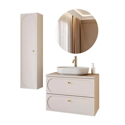 Badezimmer-Set IVORY – Elegantes Design mit Spiegel und Armatur - Entdecken Sie das Badezimmer-Set IVORY, das stilvolles Design mit praktischen Lösungen vereint. Der hängende Waschtischunterschrank und der elegante Hängeschrank bieten viel Stauraum und bringen Gemütlichkeit in Ihr Bad.