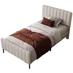 Beige Polsterbett 90x200 cm mit höhenverstellbarem Kopfteil und Lattenrost - Stylisches Einzelbett mit gepolstertem Kopfteil, das von 106 cm bis 112 cm höhenverstellbar ist. Robuste Konstruktion aus Kiefernmassivholz und Leinenbezug sorgt für hohen Komfort und Stabilität.