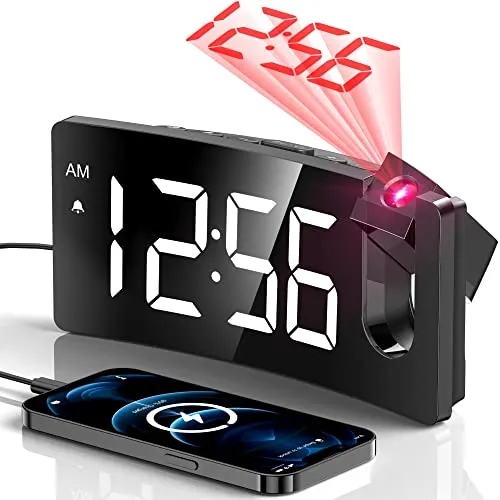 Projektionswecker, digitale Uhr mit 180° drehbarem Projektor, 3-stufige Helligkeitsdimmer, klares LED-Display, USB-Ladegerät, progressive Lautstärke, 12/24H, digitaler Wecker für Schlafzimmer