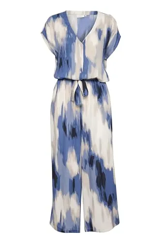 KAFFE Damen, V-Ausschnitt, Kurze Ärmel, abgeschnittene Länge, breite Beintaschen Jumpsuit, Blue Abstract Print, 44