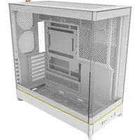 HS02 Tower-Gehäuse weiß mit Tempered Glass - ATX Gehäuse mit 2x 2,5 Zoll Einbauschächten und 7 Full-Size-Slots, bietet eine stilvolle Optik und optimale Kühlung für leistungsstarke Builds.
