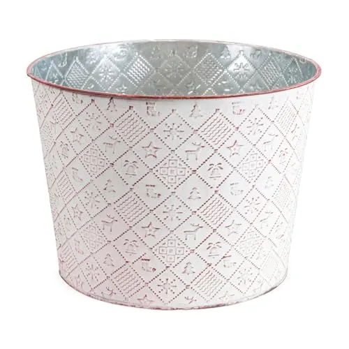 Runder Pflanztopf Winterdeko, Pflanzkübel in Ø 16 x 14,5 cm, Rot - Metall Pflanzschale als Weihnachtsdeko - Dekorative Blumenschale für Zimmerpflanzen, Blumentopf für Fensterbank oder Garten