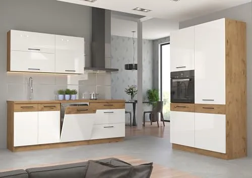 VIGO Hochglanz Weiß Lancelot Küchenzeile 220 + 120 cm - Moderne Küchenzeile in Hochglanz Weiß und Eiche Lancelot, ideal für kleine Räume und bietet viel Stauraum für Ihre Küchenutensilien.