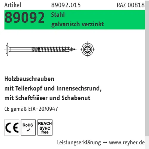 ART 89092 Holzbauschrauben 8 x 300 -T40, 50 Stück - Hochwertige Holzbauschrauben CE, galvanisch verzinkt für optimale Korrosionsbeständigkeit. Ideal für den professionellen Einsatz im Holzbau.