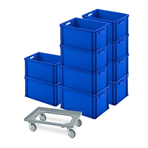 BRB-Lagertechnik Stapelbox 10er SPAR-Set mit Transportroller - Stapelboxen in Industriequalität: 10x Euro-Behälter 600x400x320 mm plus GRATIS Transportroller für optimale Lager- und Transportlösungen. Robust, stapelbar und ideal für Industrie und Handwerk.