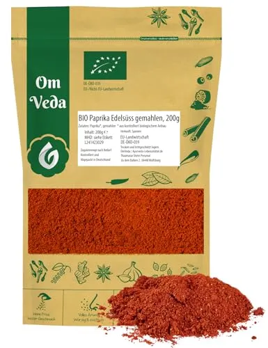 BIO Paprika Edelsüß Gemahlen 200g | Mild und Aromatisch | Premium BIO-Qualität Paprikagewürz | PaprikaPulver Perfekt für Gulasch, Eintöpfe | OmVeda Gewürz