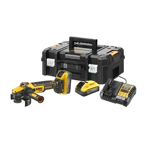 DeWALT Akku-Winkelschleifer DCG409H2T-QW 18V mit Powerstack-Akku - Schleifmaschinen mit bürstenloser Motor-Technologie für längere Laufzeiten und höhere Leistung. Inklusive 2 Powerstack Akkus für effizienten Stromfluss und verbesserte Wärmeableitung.