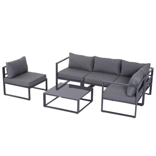 Outsunny Gartengarnitur - 6-teiliges Outdoor-Lounge Set in Grau - Gartenmöbel-Set mit pulverbeschichtetem Aluminium, wetterbeständigen Bezügen und dick gepolsterten Kissen für ultimativen Komfort und Flexibilität in der Anordnung.