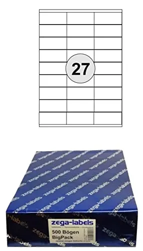 13.500 Etiketten 70 x 32 mm selbstklebend auf DIN A4 Bögen (3x9 Etiketten) - 500 Blatt Bigpack - Universell für Laser/Inkjet/Kopierer/Farblaser einsetzbar - 70x32mm 27-teilig