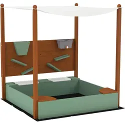 AIYAPLAY Sandkasten mit Dach, 116 x 112,5 cm Sandkiste aus Holz Sandbox mit Sitzfläche, 2 Behältern, Sand- und Wasserspielzeug, Eimer mit Wasserhahn für 3-6 Jahre Kinder Grün   Aosom